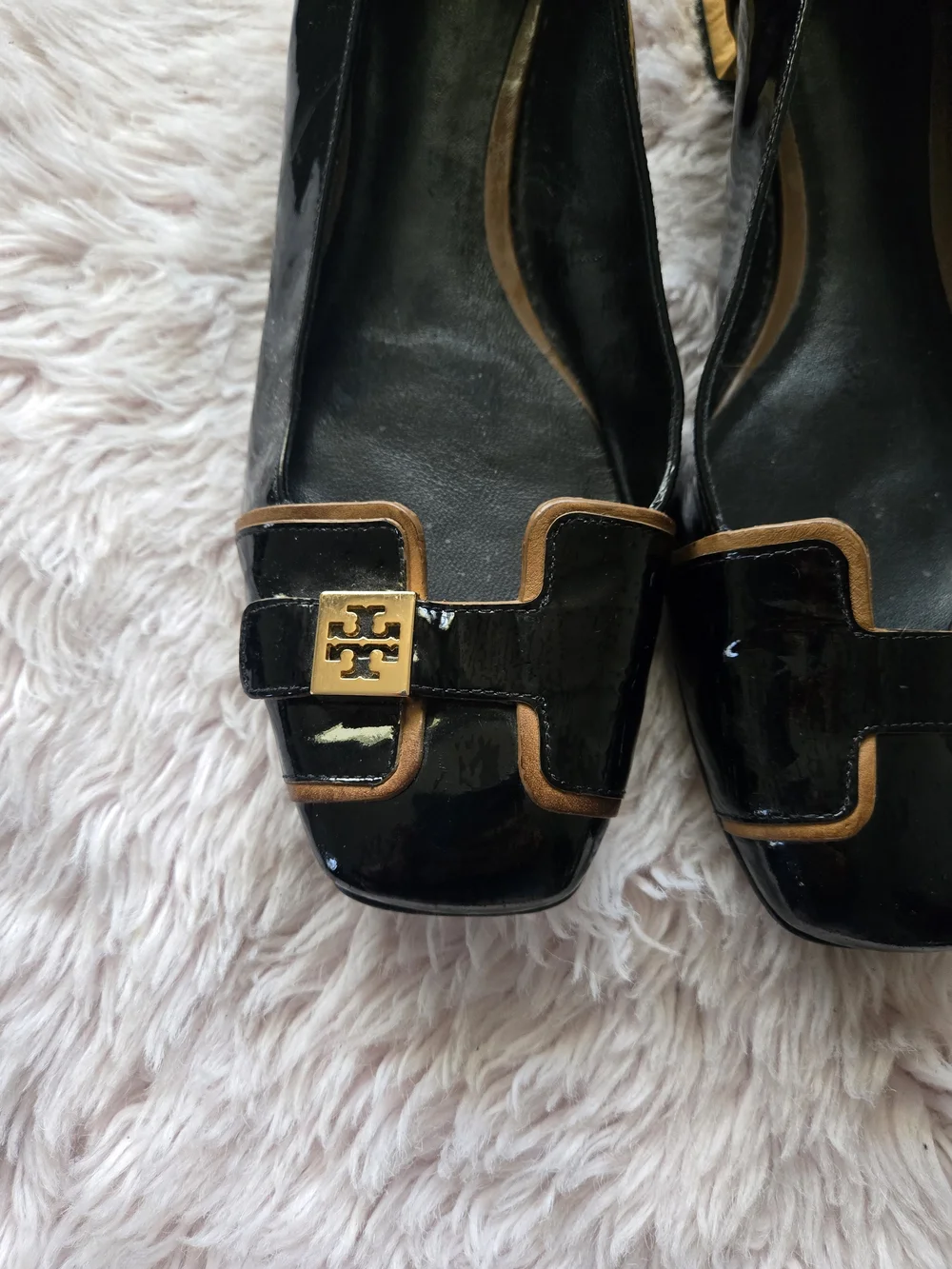 Tory Burch Black Patent Leather Square-Toe Logo Flats with Gold Trim